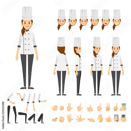 chef woman character set. Full length. Different view, emotion, gesture.
