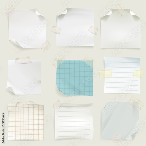 Reminders and message notes vector illustration of blank memo paper pages for task or announcements glued on adhesive tape with checkered or lined copybook background