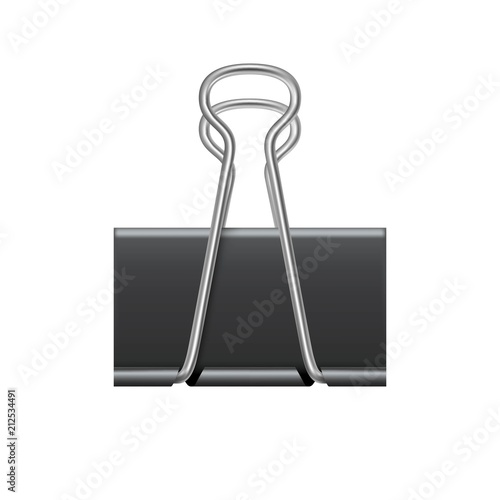 Binder clip isolated on white background. Realistic black metallic paper clip. Simple device for binding sheets of paper together. Mockup stationery vector illustration. Documents organization device