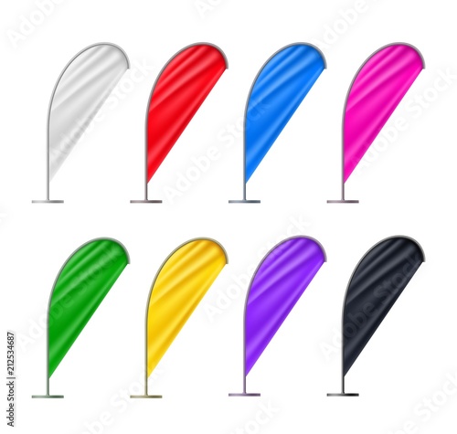 Colorful beach flags set isolated on white background. Realistic teardroup blank flag for outdoor event presentation, business promotion or sport competition. Vertical marketing vector objects