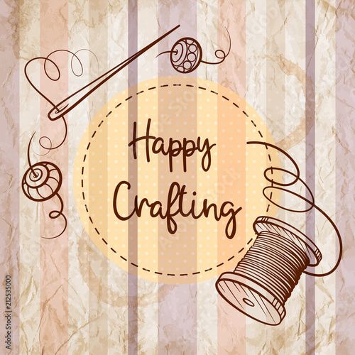 Vector card template with handmade tools on a grunge striped paper background. Vintage style.
