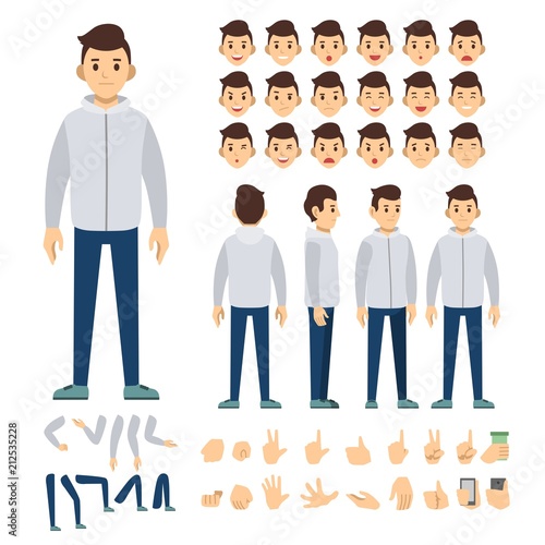 Man with hoodie character set. Full length. Different view, emotion, gesture.
