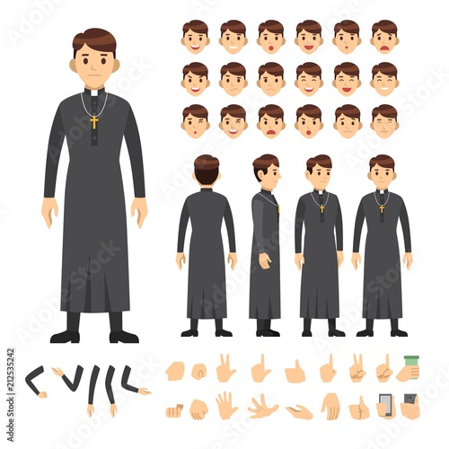 pastor character set. Full length. Different view, emotion, gesture.
