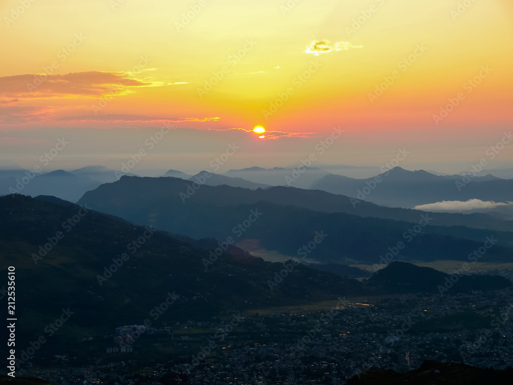 View of Pokhara Valley from hill Sarangkot during sunrise, Nepal View of Pokhara Valley from hill Sarangkot during sunrise, Nepal