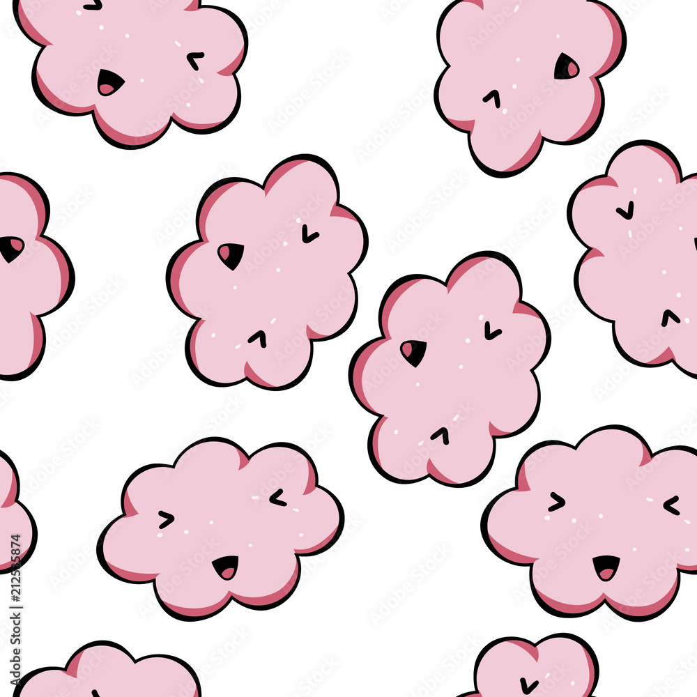 Vector seamless pattern kawai pink clouds isolated on white background. Cute backdrop for your design. Vector seamless pattern kawai pink clouds isolated on white background. Cute backdrop for your design.