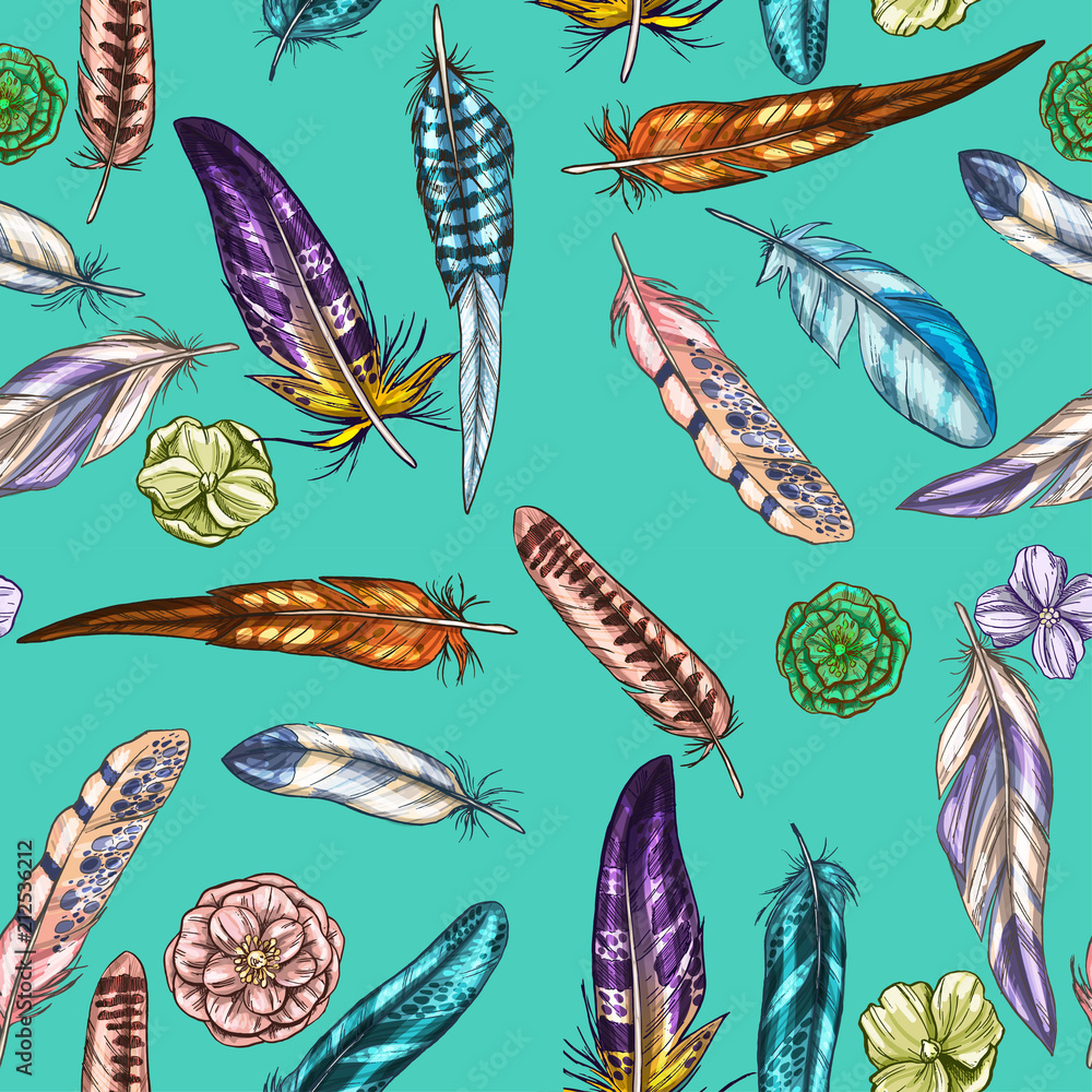 Vector seamless pattern with colorful detailed bird feathers on a blue background.
