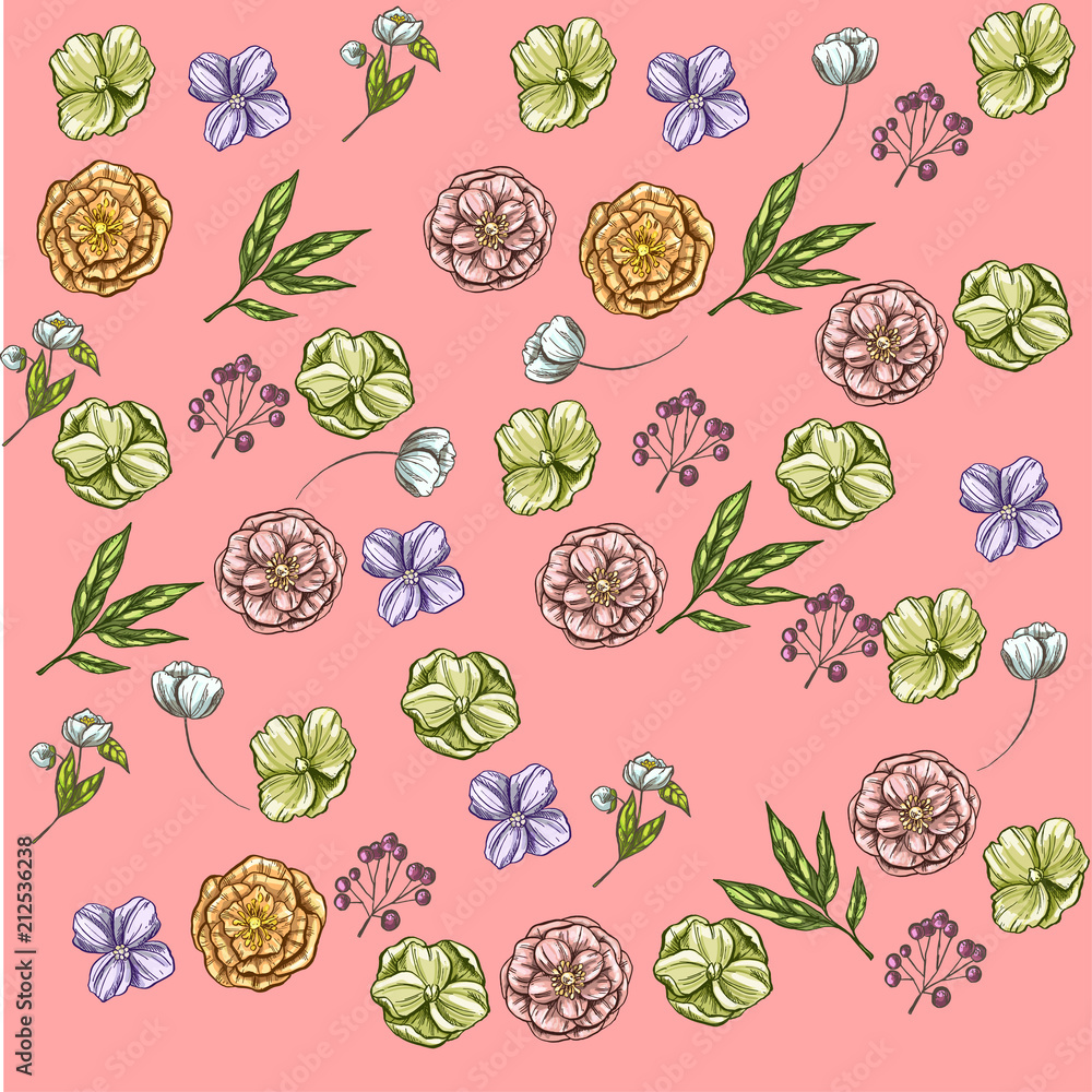 Bright backdrop with hand drawn flowers and leaves on pink background. Various buds. Floral vector seamless pattern.
