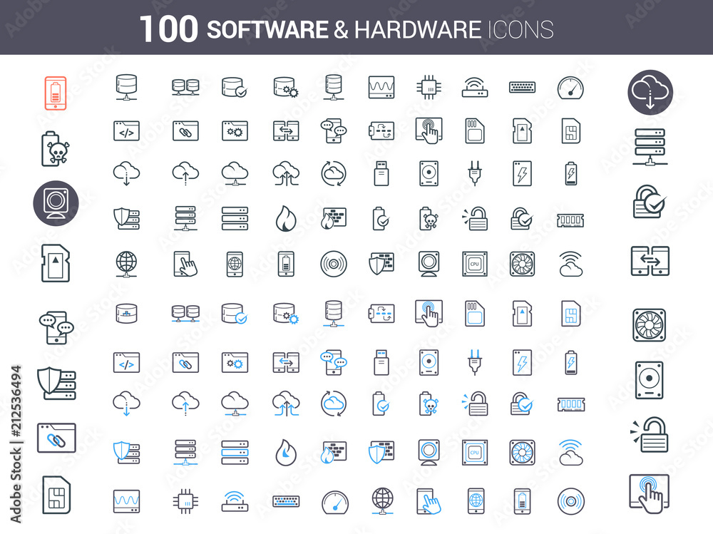 Simple and clean Vector line Software and Hardware icons set. Set of 50 Business Icons suitable for Banner, Bunting, User Interface, Website, Infographics, and Applications. - obrazy, fototapety, plakaty 