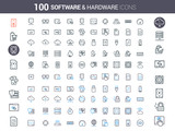 Simple and clean Vector line Software and Hardware icons set. Set of 50 Business Icons suitable for Banner, Bunting, User Interface, Website, Infographics, and Applications.
