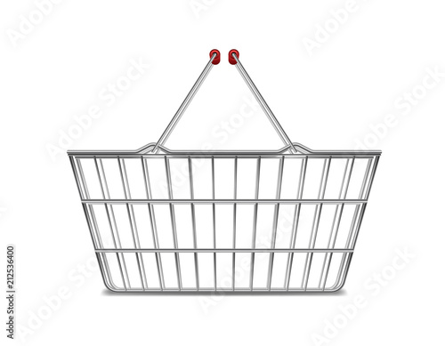Realistic metal empty supermarket shopping basket side view isolated on white. Basket market cart for sale with handles. vector illustration