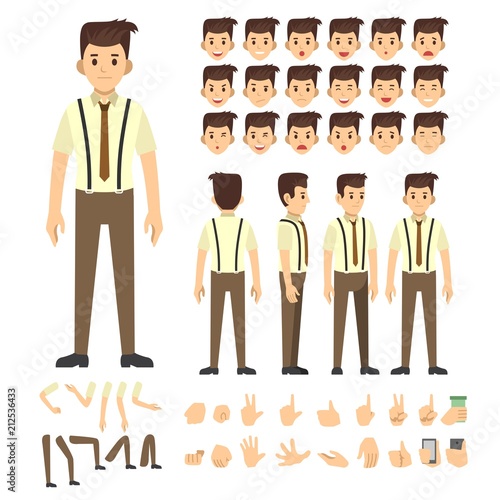 Staff employee man character set. Full length. Different view, emotion, gesture.
