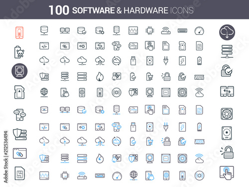 Simple and clean Vector line Software and Hardware icons set. Set of 50 Business Icons suitable for Banner, Bunting, User Interface, Website, Infographics, and Applications.