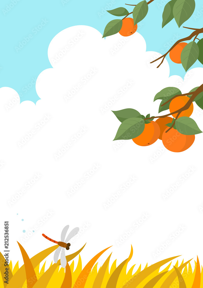 Autumn landscape with Persimmon tree and dragonfly Autumn landscape with Persimmon tree and dragonfly