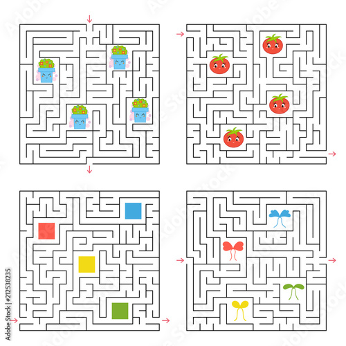 A set of four square labyrinths. Collect all the items and find a way out of the maze. An interesting game for children. Simple flat vector illustration.