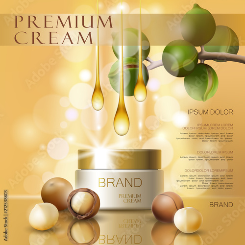 Realistic 3d macadamia nut oil cosmetic ad template. Light pink shiny serum cream mockup beauty skin care. Promotional poster template background vector illustration