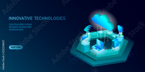 5G new wireless internet wifi connection. Laptop mobile device isometric blue 3d flat. Global network high speed innovation connection data rate technology vector illustration