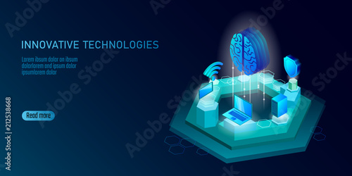 Isometric artificial intelligence business concept. Blue glowing isometric personal information data connection pc smartphone human brain future technology. 3D infographic vector illustration