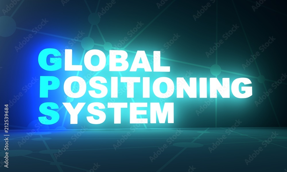Acronym GPS - Global Positioning System. Technology conceptual image. 3D rendering. Neon bulb illumination Acronym GPS - Global Positioning System. Technology conceptual image. 3D rendering. Neon bulb illumination