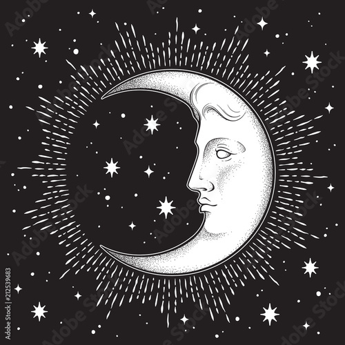 Crescent moon and stars in antique style hand drawn line art and dotwork. Boho chic tattoo, poster, altar veil, tapestry or fabric print design vector illustration.