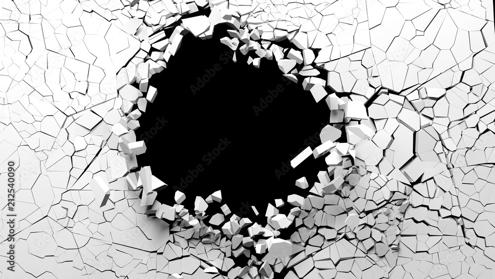 Hole on a broken white wall blank space. 3d illustration.
