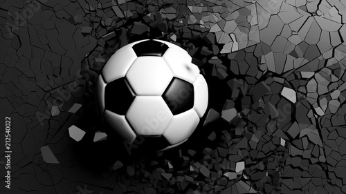 Fototapeta Naklejka Na Ścianę i Meble -  Soccer ball breaking forcibly through a black wall. 3d illustration.