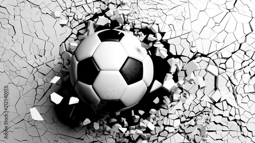 Fototapeta Naklejka Na Ścianę i Meble -  Soccer ball breaking forcibly through a white wall. 3d illustration.