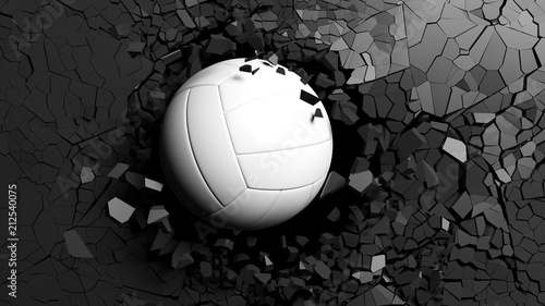Volleyball ball breaking forcibly through a black wall. 3d illustration.