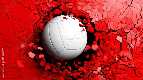Obraz Piłka do siatkówki łamiąc siłą przez czerwoną ścianę. 3d ilustracji.