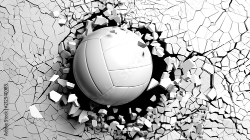 Volleyball ball breaking forcibly through a white wall. 3d illustration.