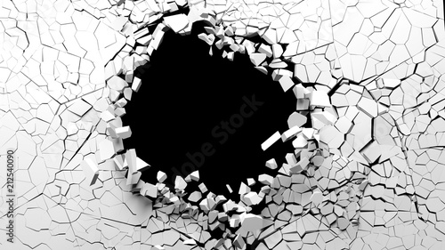 Hole on a broken white wall blank space. 3d illustration.