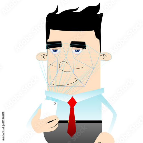 Businessman using a new technology of face recognition. Vector cartoon illustration.