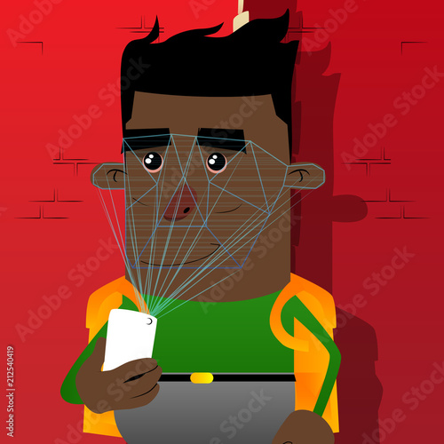 Schoolboy using face recognition system. Vector cartoon character illustration.