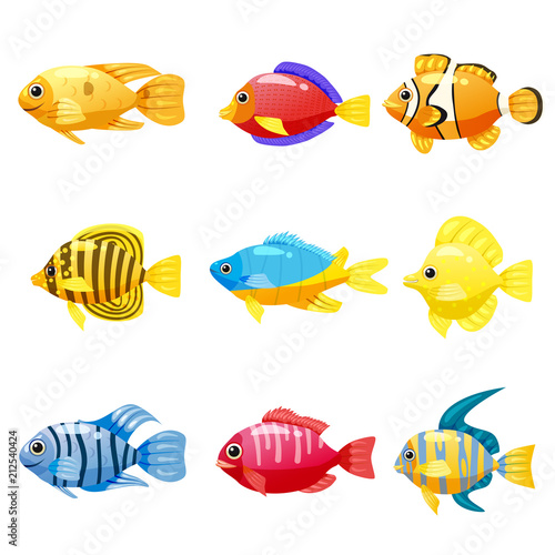 Set cartoon Funny fish vector characters. Colorful coral reef tropical fish set vector illustration. Sea fish collection isolated on white background. Isolated