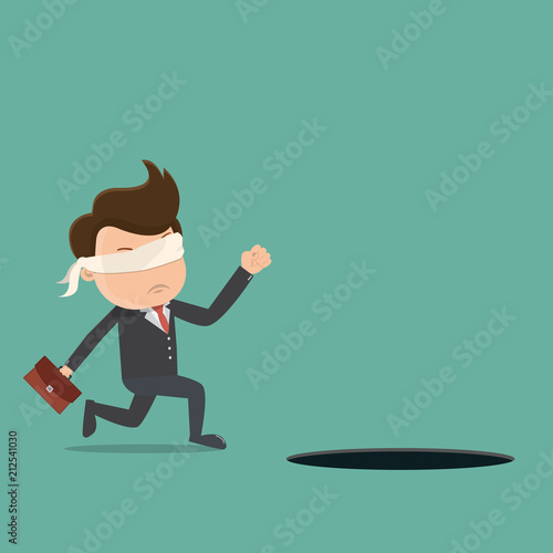 Blindfolded businessman walking into the hole. Vector illustration.