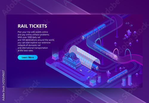 Vector 3d isometric illustration of railway station with trains, city roads with trams in ultra violet colors. Rail tickets online concept banner, web page for site with button and space for text
