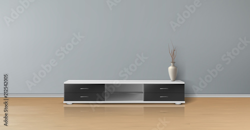 Vector realistic mockup of empty room with flat gray wall, wooden floor, tv stand with black drawers and vase. Studio with minimalistic interior. Template for your creative design and presentations