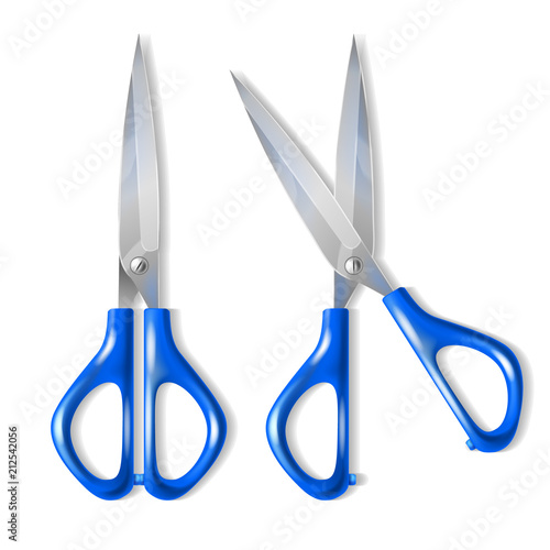 Vector realistic set of scissors with blue plastic handles, with open and closed blades, isolated on background. Professional cutting tool for tailors and barbers, metal instrument for hobby and craft