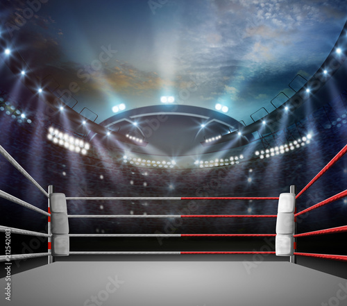 boxing ring with illumination by spotlights. digital effect 3d render. © Kalawin