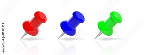 Stationery concept. Push pins isolated on white background. 3d illustration.