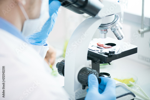 Closeup of unrecognizable scientist using microscope while doing research in medical  laboratory
