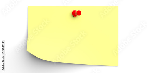 Yellow write note with pushpin isolated on white background. 3d illustration. photo