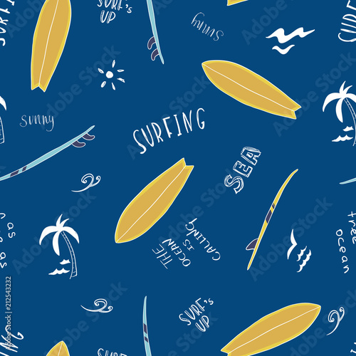 Pattern, seamless texture of blue surfboards with the words. Lettering. On white background.