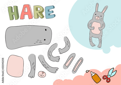 Funny Hare Paper Model. Small home craft project, DIY paper game. Cut out and glue. Cutouts for children. Vector template.