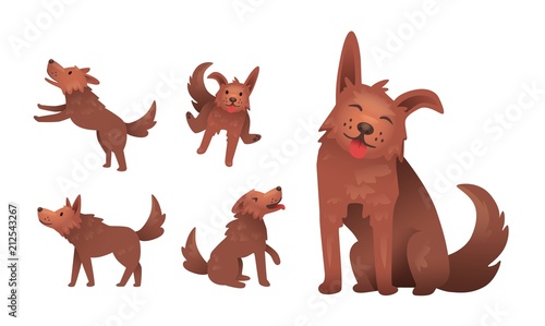 Funny smiling shaggy dog character playing. Set of gestures and postures. Flat vector illustration. Isolated on white background.
