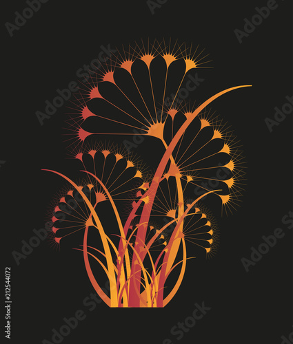 isolated stylized umbel plant in fire shades on dark background