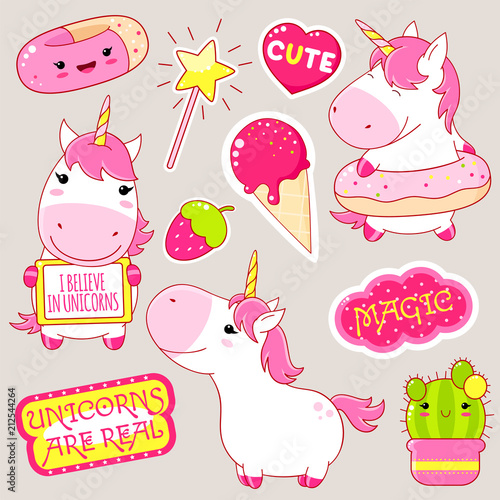 Set of cute unicorns stickers in kawaii style