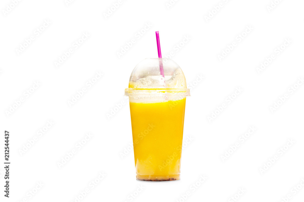 Healthy juice. The full length shot of a delicious healthy orange juice being in a plastic cup with a straw, isolated on a white background Healthy juice. The full length shot of a delicious healthy orange juice being in a plastic cup with a straw, isolated on a white background