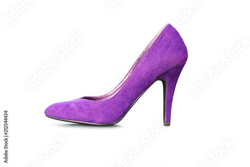 Model footwear. The side view of a pretty purple pump with a high heel standing isolated on a white background