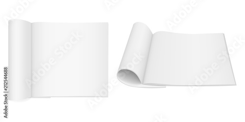 Set of two realistic vector images (layout, mock-up) of an open magazine (booklet, brochure) with folded pages, a perspective view and a top view. The image was created using gradient mesh. EPS 10.