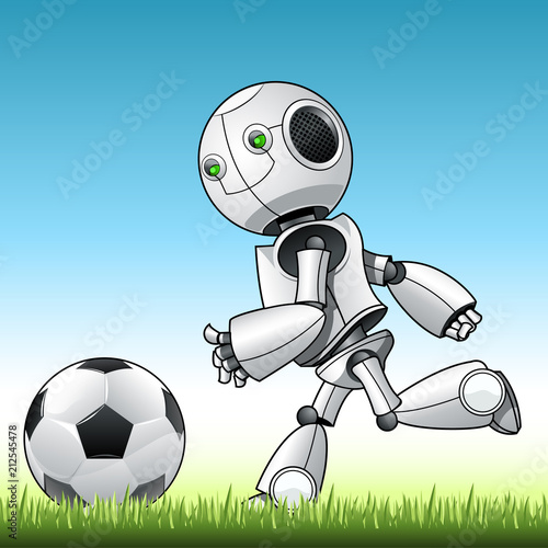 Funny kid robot playng with ball